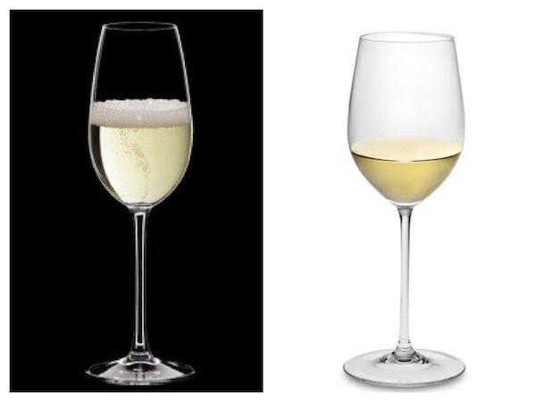 Riedel最新推出的香槟杯（左），与传统郁金香形白葡萄酒杯（右）