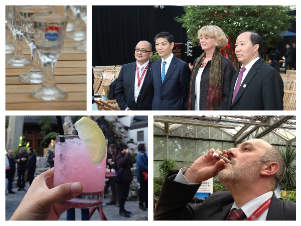 右上：茅台董事长及中国住比利时大史廖先生等人；左下：以茅台酒为基酒调制的鸡尾酒