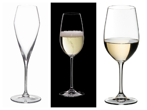 三类比较适合品尝香槟的酒杯：改良过，拥有较大空间的笛形杯（左）从去年开始热门起来的新型香槟杯（中），普通的白葡萄酒杯（右）