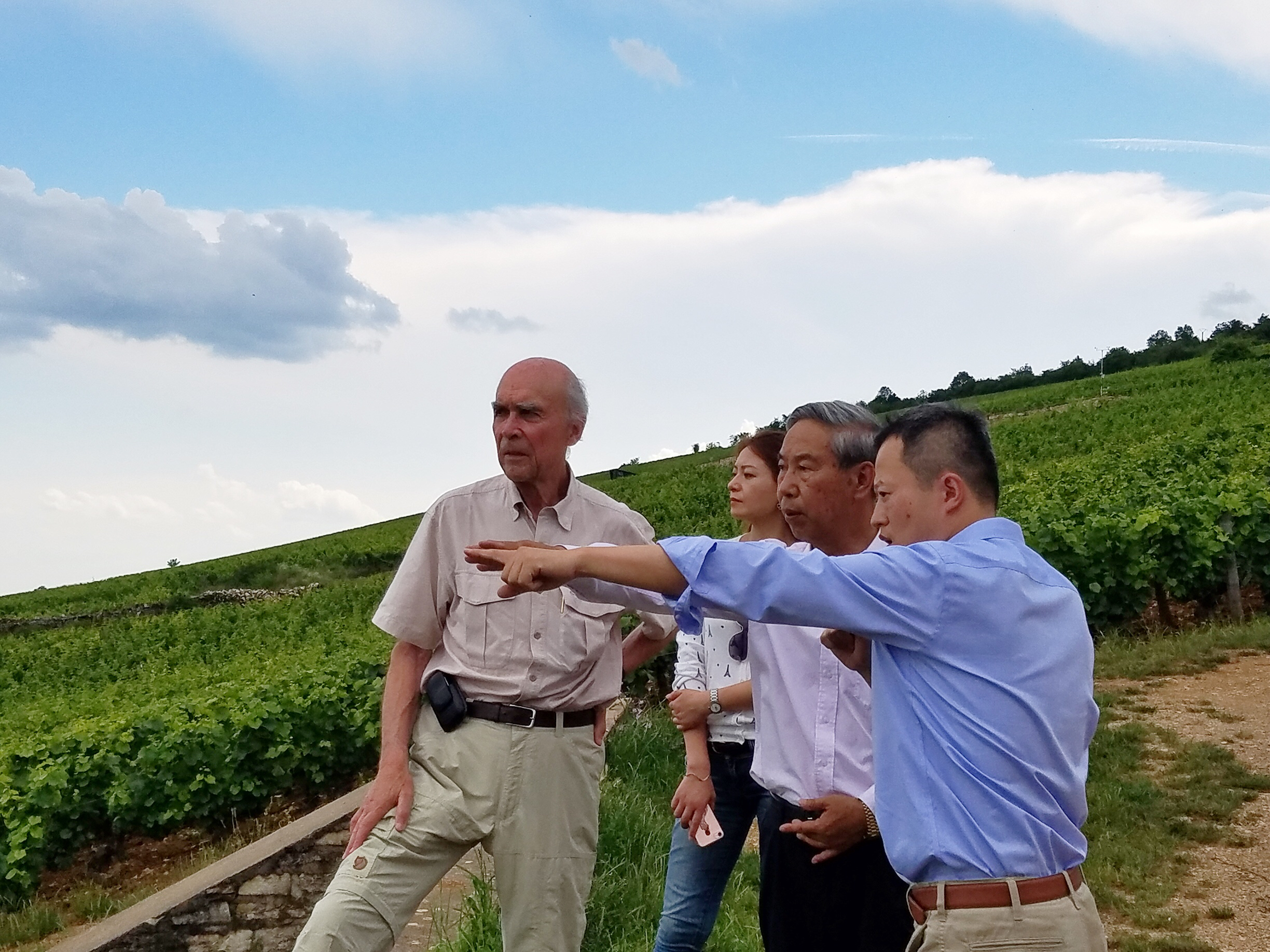 今年夏天，宁夏贺兰山东麓葡萄与葡萄酒国际联合会主席郝林海先生，奥贝尔·德维兰先生和知味团队在勃艮第的葡萄园里