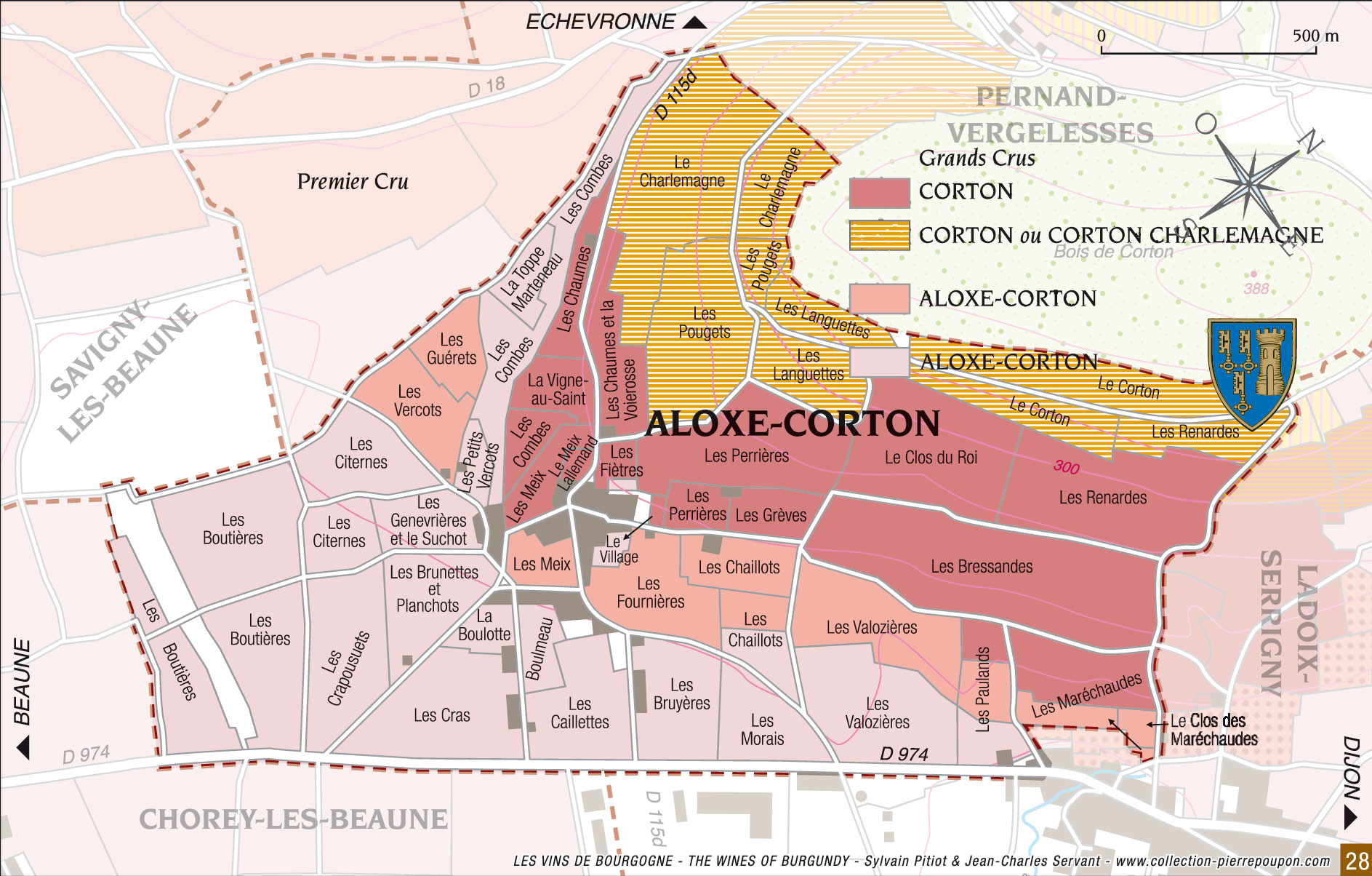 Aloxe－Corton产区图，白色为白葡萄酒分布，点击查看大图