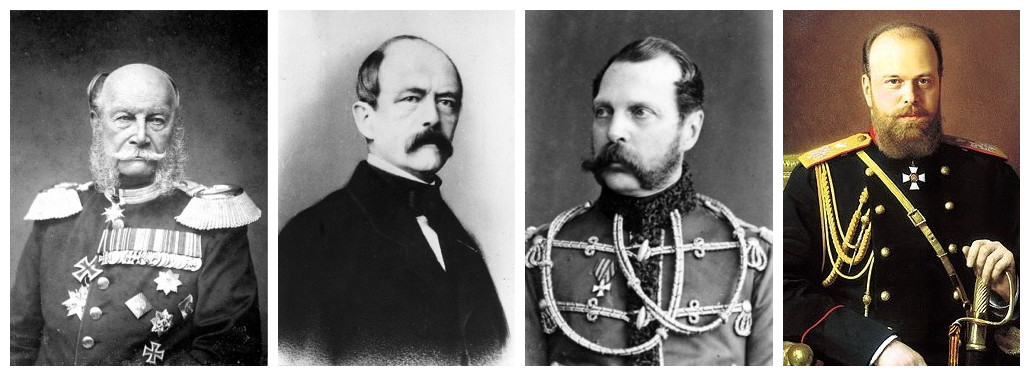 出席盛宴的三位皇帝和一位首相，左起：普鲁士国王（未来的德意志皇帝）威廉一世，普鲁士首相俾斯麦，俄国沙皇亚历山大二世和其皇太子（将来的沙皇亚历山大三世）