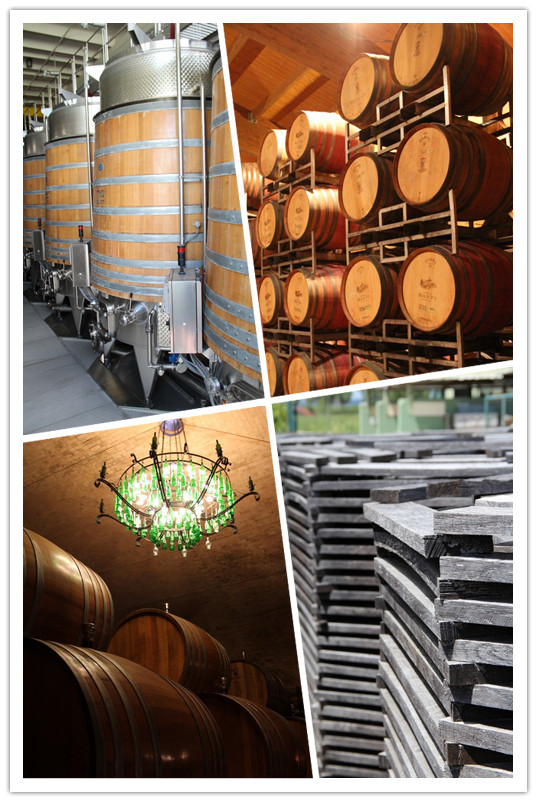 左上为Banfi酒庄结合传统和现代的改造木桶，右下为Banfi尚在风干的木桶制作原料，图片来源：谢晓燕/知味葡萄酒杂志