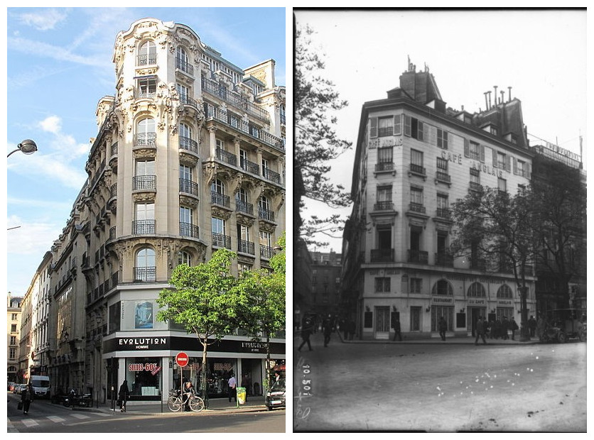 1913年拆除之前的英国咖啡馆和2009年的原址街景（右），图片来源：法国国家图书馆