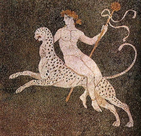 希腊神话中的酒，欢乐、戏剧和狂喜之神狄俄倪索斯（Dionysos），常以赤裸的英俊青年形象出现。被罗马神话吸收后，成为罗马人信奉的巴克斯（拉丁语：Bacchus）