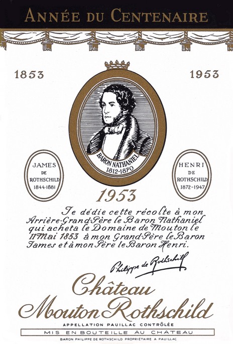 1953年份木桐，木桐购入的百年纪念款，酒标是Nathaniel男爵的肖像画