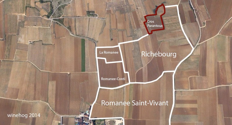 克罗-帕宏图一级田（Cros Parantoux）在沃恩-罗曼尼（Vosne Romanée）的位置，图片来源：winehog.com