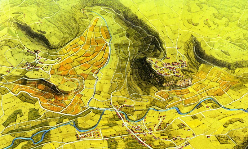 汝拉是一个多山的产区，这是一张产区的葡萄园分布图