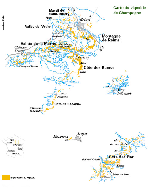香槟产区分布图，最南部的区域就是Cote des Bar