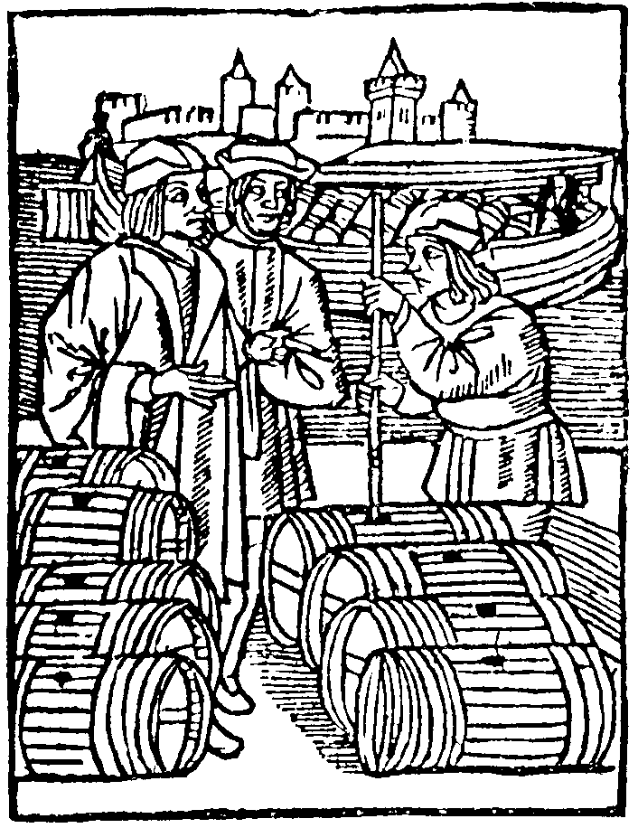 16世纪的版画，描述了酒庄主向船商销售葡萄酒的场景