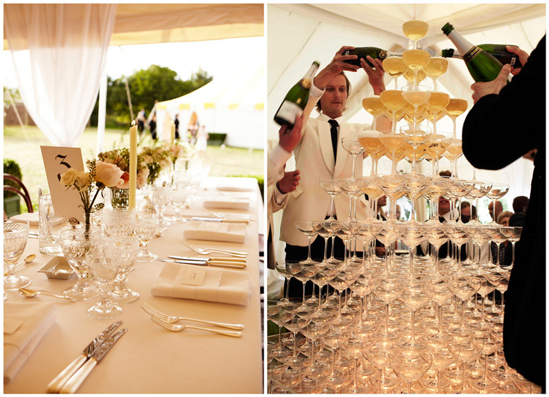 婚礼餐桌的布置和高高的香槟塔，图片来源：Vogue
