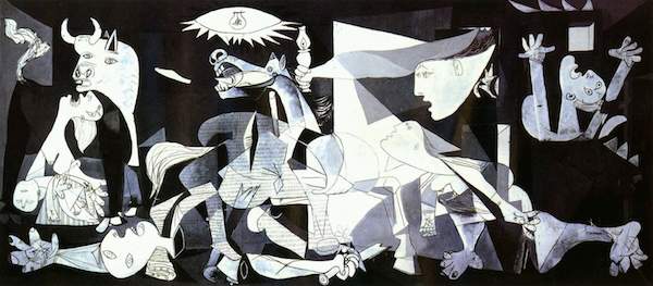 毕加索的名作《格尔尼卡》，描绘了经受炸弹蹂躏之后的西班牙格尔尼卡城。