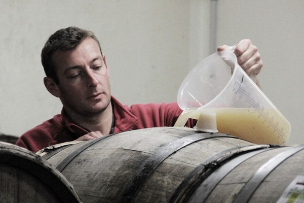 堡林爵（Bollinger）的工作人员在为老橡木桶中第一轮发酵的香槟补充酒液，来源：谢晓燕